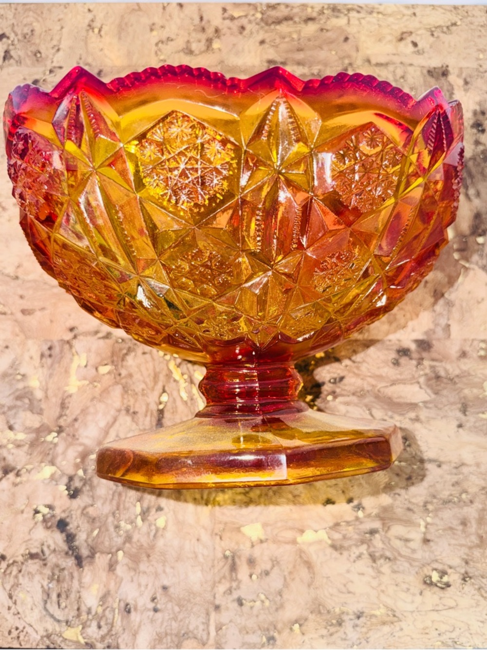 Amberina McKee Kemple Toltec Design Oval Footed Saw Tooth Edge Compote Bowl - Picture 5 of 6